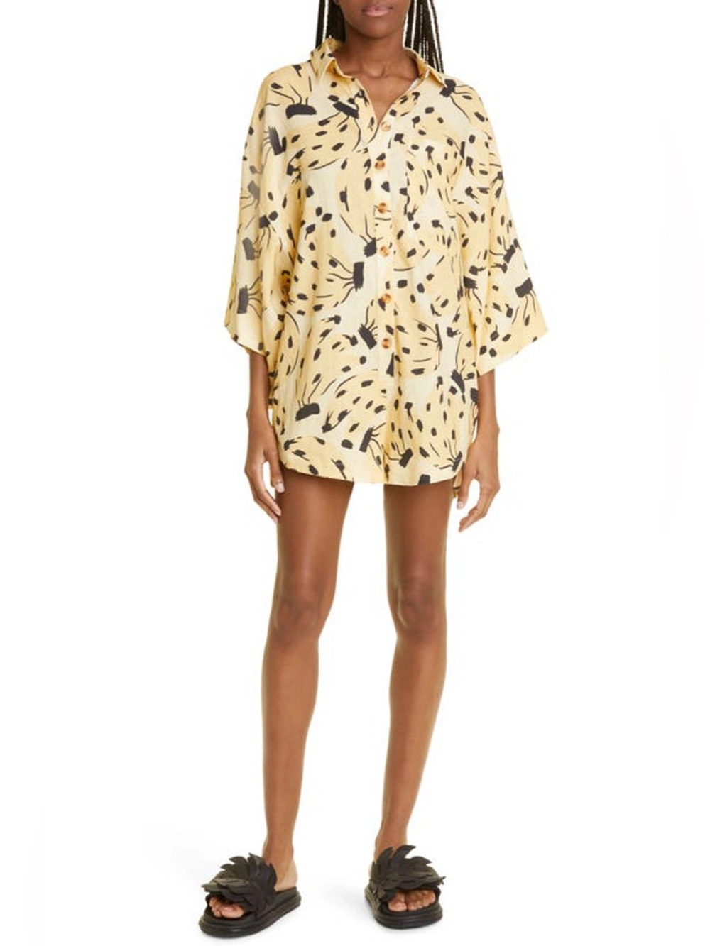 Farm Rio Bossa Banana Linen Blend Romper Yellow Black Size Small